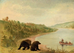 Catlin and His Men in Their Canoe, Urgently Solicited to Come Ashore, Upper Missouri by George Catlin