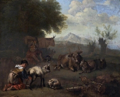Cattle and Sheep with a Young Woman Milking