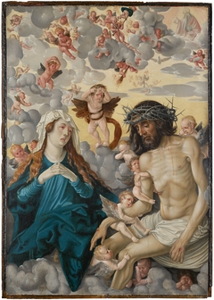 Christ as man of sorrows wept by mary and angels