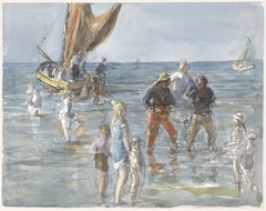 Dame wordt door twee vissers van een boot naar het land gedragen by Johan Antonie de Jonge