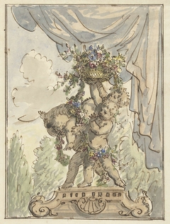Drie putti met een bloemenmand by Elias van Nijmegen