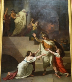 Énée, dans l'embrasement de Troie, voulant retourner au combat, est arrêté par sa femme Créuse by Joseph-Benoît Suvée