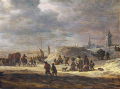 Fishermen and peasants on a beach with a village beyond