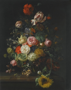 Flowers in a glass vase with a dragonfly, on a marble slab by Rachel Ruysch