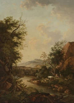 Flusslandschaft mit Hirten und ihrer Herde by Ferdinand Kobell