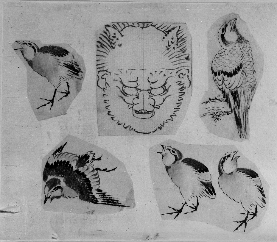 Four sketches of birds and one design for a grotesque mask, mounted together