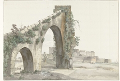 Gezicht op aquaduct en de stad Tarente by Louis Ducros