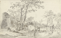 Herder met vrouw en kind met vee onder bomen bij water by Unknown Artist