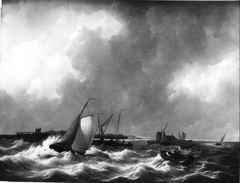 Het havenhoofd te Bath bij onstuimig weer, links een uitzeilende Tholense boot by Johannes Christiaan Schotel