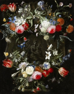 Holy Family in a wreath of flowers. by Daniel Seghers
