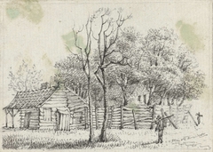 Huisjes met houten schutting tussen bomen by Johannes Ludovicus van den Bos