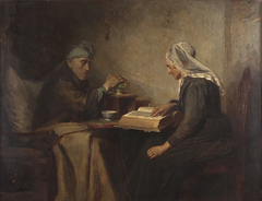 Interieur met oude man en een vrouw die de bijbel leest by Henricus Johannes Melis