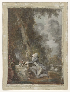Jongeman knielend bij een liefdesaltaar in een tuin