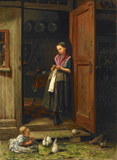 Junge Bäuerin beim Hüten eines Kindes. by Jacob Simon Hendrik Kever