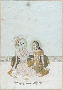 Krishna and Radha, Seated on a Terrace at Night by anonymous painter
