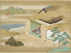 Landscape with Murasaki Shikibu writing at Ishiyamadera (Frontispiece to an album containing 54 illustrations and calligraphic excerpts from the Tale of Genji) by Tosa Mitsuoki