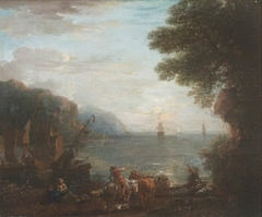 Landscape with River Party/Coastal Scene with Shipping at Dawn by John Wootton
