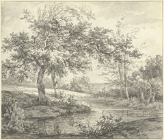 Landschap met bomen aan water by Jan Hulswit