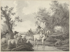 Landschap met een schaapherder en een ruiter bij een poel by Barend Hendrik Thier