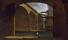 Le Pont et la Pompe Notre-Dame, vus de la voûte du quai de Gesvres by Jacques Auguste Regnier