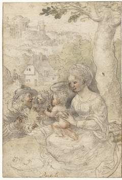 Maria met kind, Josef luistert naar een engel by Jacob Cornelisz van Oostsanen