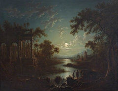 Moonlit River Scene with a Capriccio of Ruins by Sebastian Pether