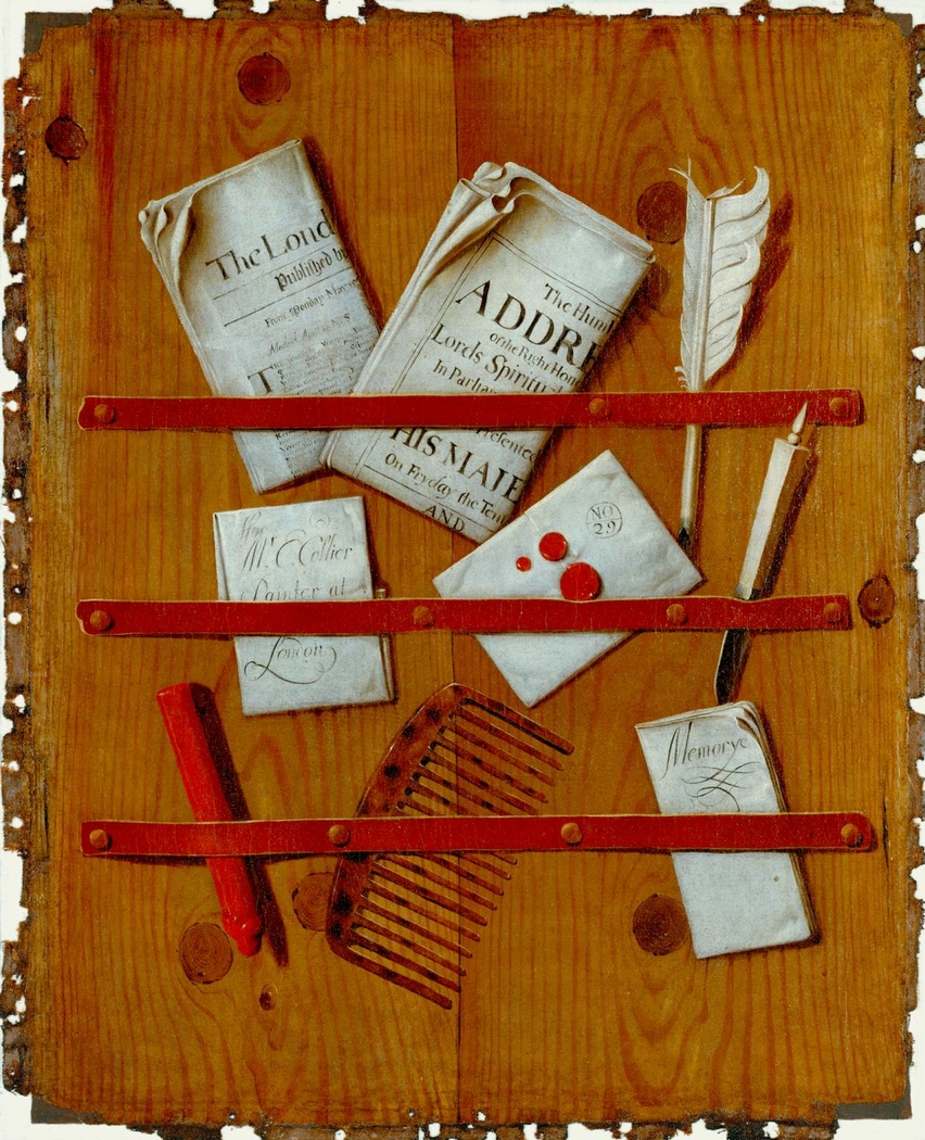 Newspapers, Letters and Writing Implements on a Wooden Board
