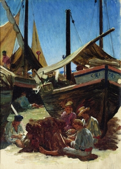 Porto d'Anzio, fishermen spreading their nets on the beach by Ernest Hébert