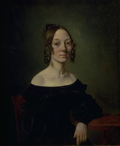 Portrait of a girl in a black dress sitting at table by Wilhelm Bendz