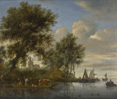 River landscape with animals and figures in a ferry, a church tower and sailing boats beyond