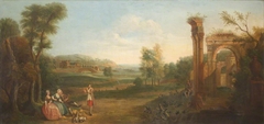 River Landscape with Ruins and Elegant Figures by Anonymous
