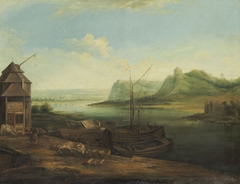 River scene with weigh house and ships by Christian Georg Schütz
