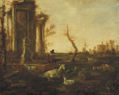 Ruin with Shepherd and Goats by Hendrick Mommers