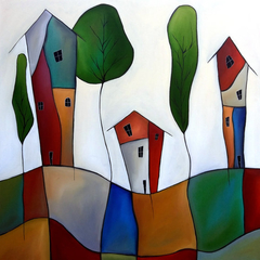 Settling Down - Original Abstract Modern home decor colorful houses huge wall art by Fidostudio