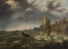 Ships on a rocky coast during a storm