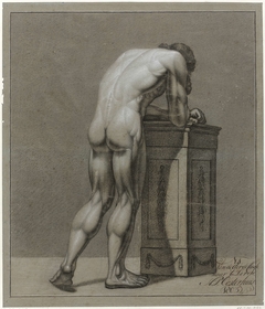 Staand mannelijk naakt, voorover gebogen bij een blok, op de rug gezien by Haatje Pieters Oosterhuis