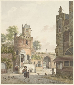 Stadsmuur met een toren en een poort, van binnen gezien by Jan Hendrik Verheijen