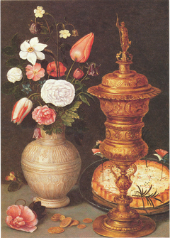 Still life of flowers in a stoneware jug, goblet and pie, circa 1615