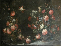Still Life of Two Jugs with Flowers and Insects by Anonymous