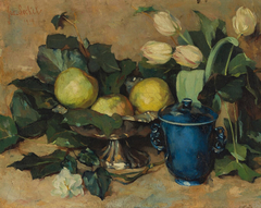 Still Life with Blue Jar between Dish with Apples and Tulips by Jos Seckel