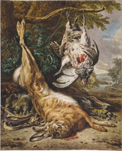 Still life with dead hare and partridges by Wybrand Hendricks