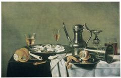 Still life with Jan Steen pitcher, oysters and glassware by Pieter van Berendrecht