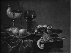 Still life with nautilus cup and pie by Gerret Willemsz Heda