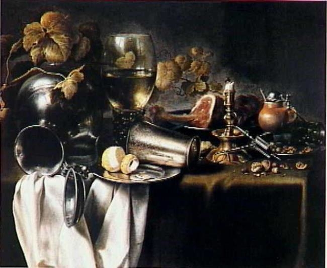 Still life with snuffed candle and tableware