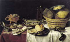 Stilleven met haringen, brood, kazen en rookwaar by Pieter Claesz