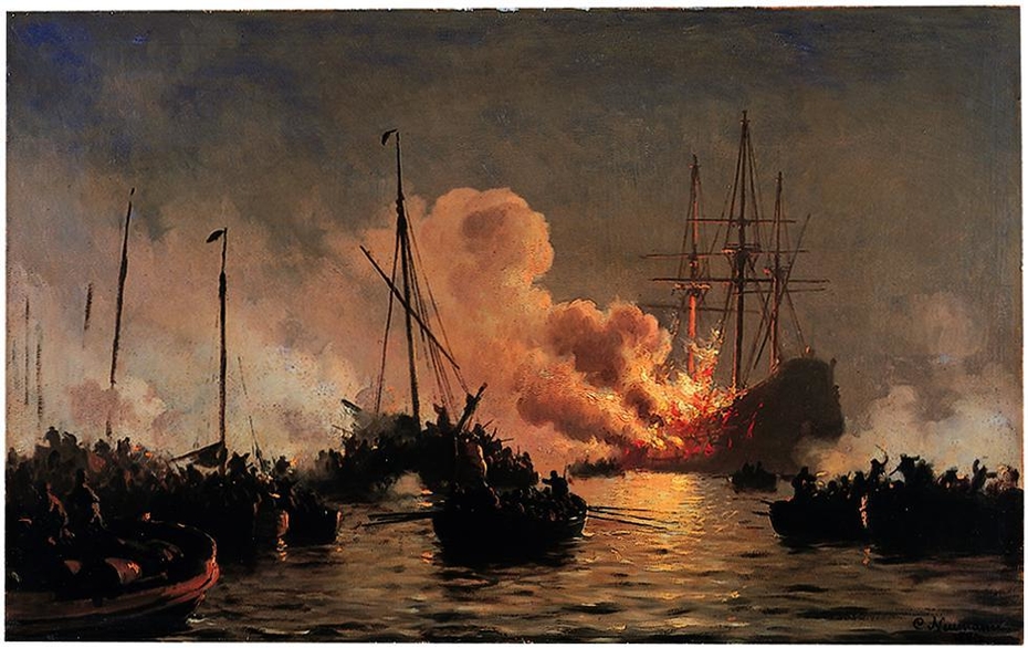 The Danish ship of the line Dannebrogen caught on fire during the battle of Køge Bugt, 1710