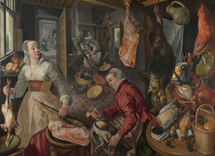 The Four Elements: Fire. A Kitchen Scene with Christ in the House of Martha and Mary in the Background by Joachim Beuckelaer