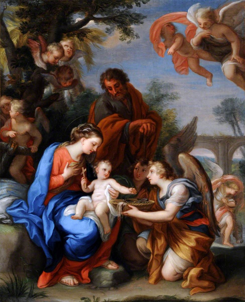 The Rest on the Flight into Egypt with Angels, one offering the Christ Child the Symbols of the Passion