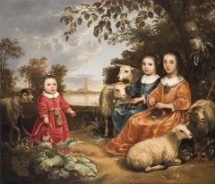 Three girls with sheep in a landscape by Aelbert Cuyp