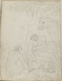 Twee naakte mannen en een stier en een liggende leeuw by Unknown Artist